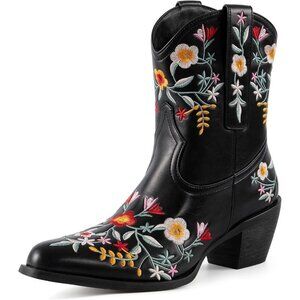 Women's Flower Embroidered Chunky Heel Ankle Snip Square Toe Western Boot Black